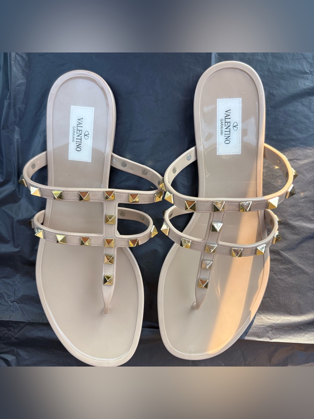 Valentino Garavani Taupe Jelly Rockstud Flat Sandals with Gold Studs